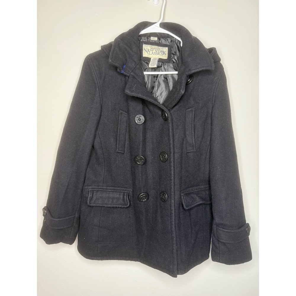 New York Classics Women's Pea Coat Jacket Hooded Double Breasted Black
